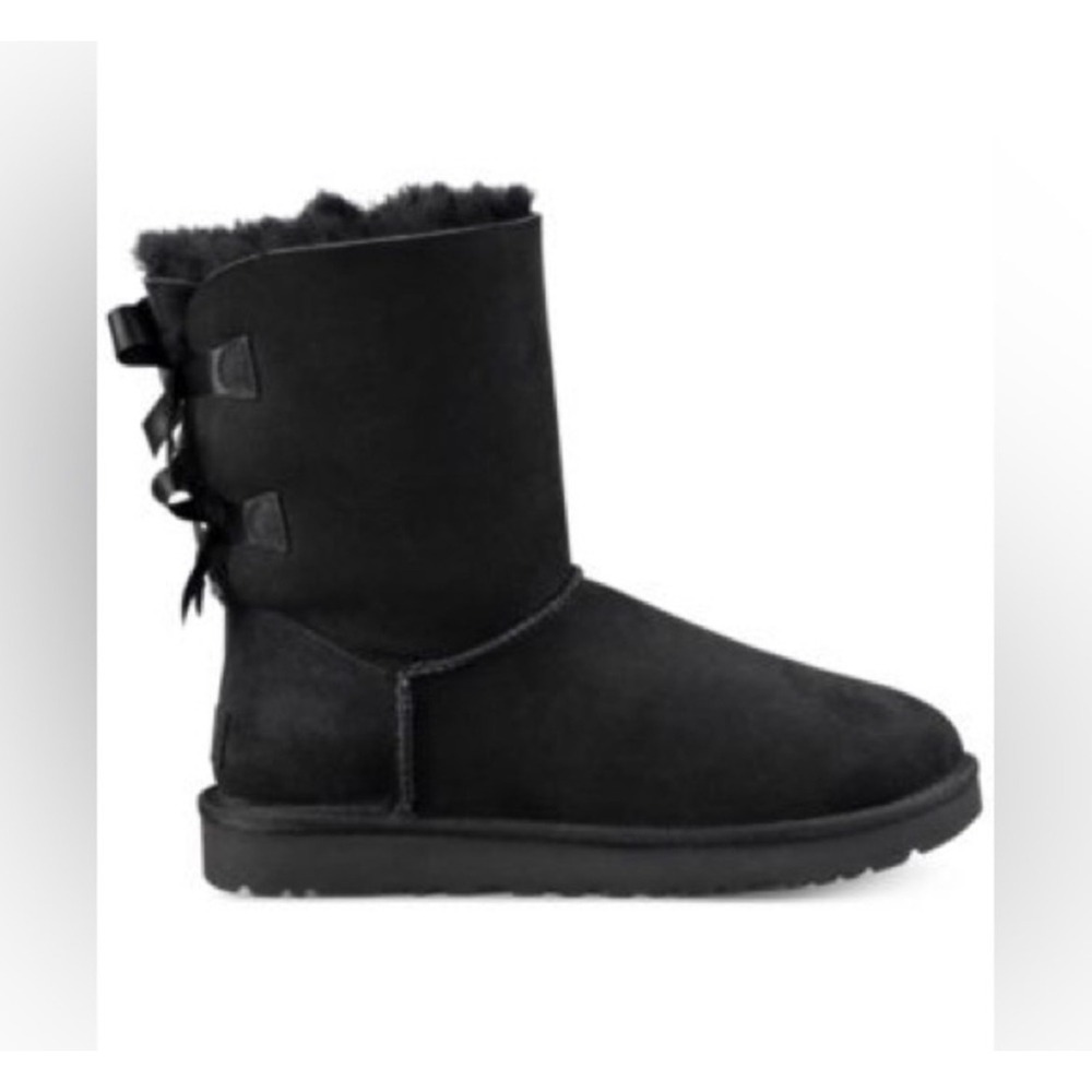 UGG Bailey Bow II Black Suede Sheepskin Mid Calf Boots 1016225 Womens 8 Winter